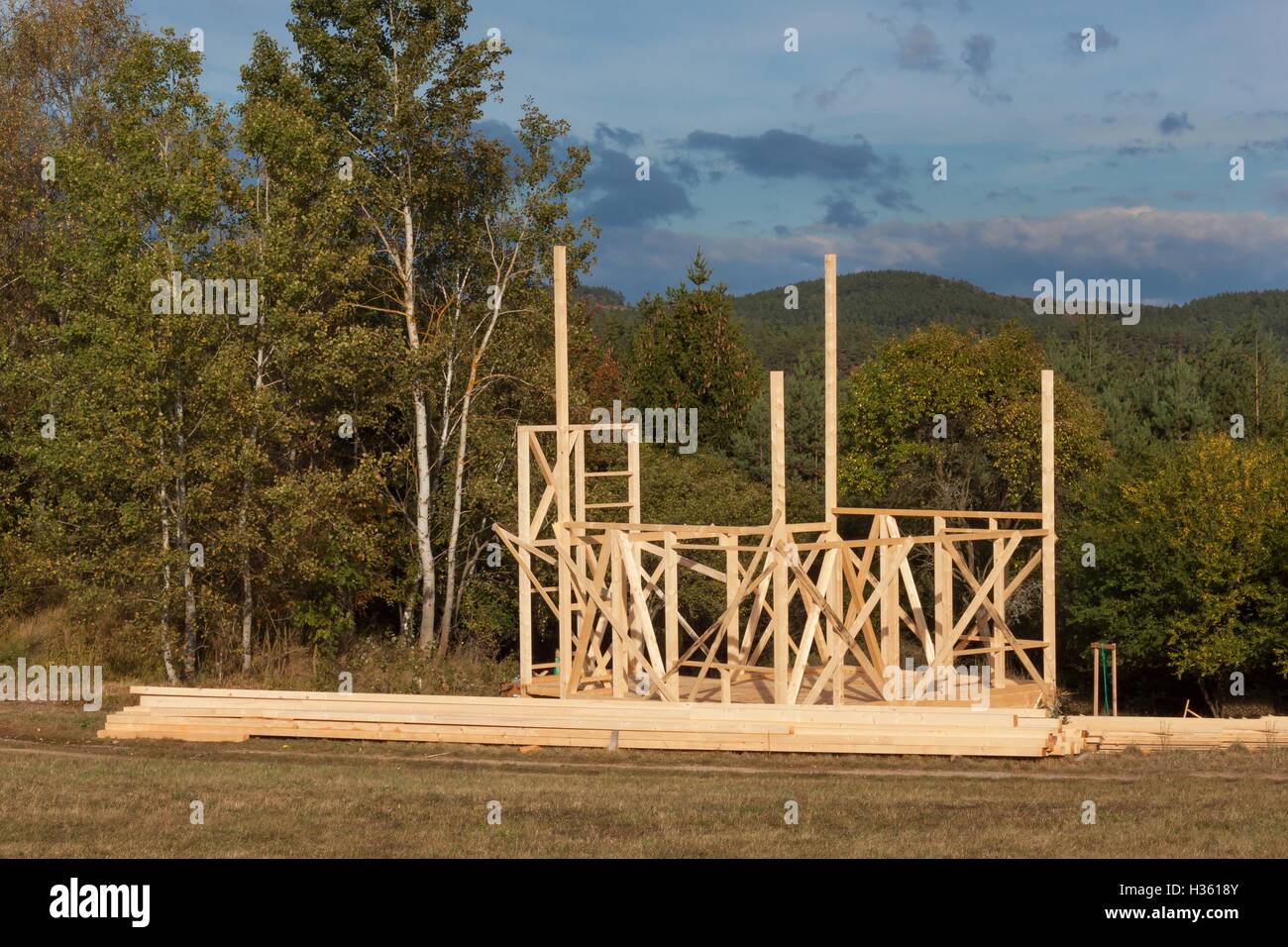 Construction of a wooden house in the woods. Construction of the house ...