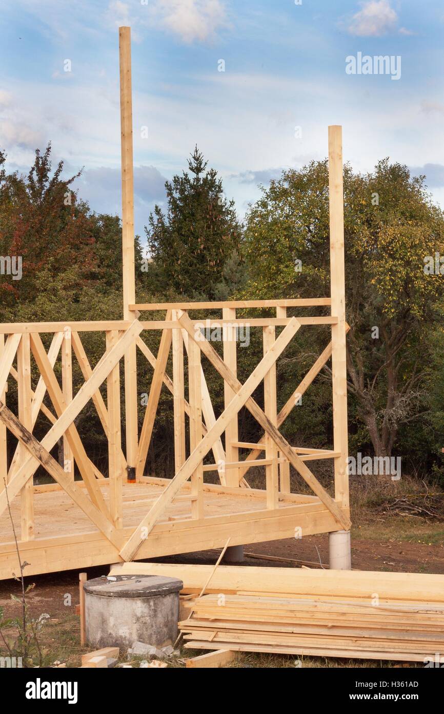 Construction of a wooden house in the woods. Construction of the house ...