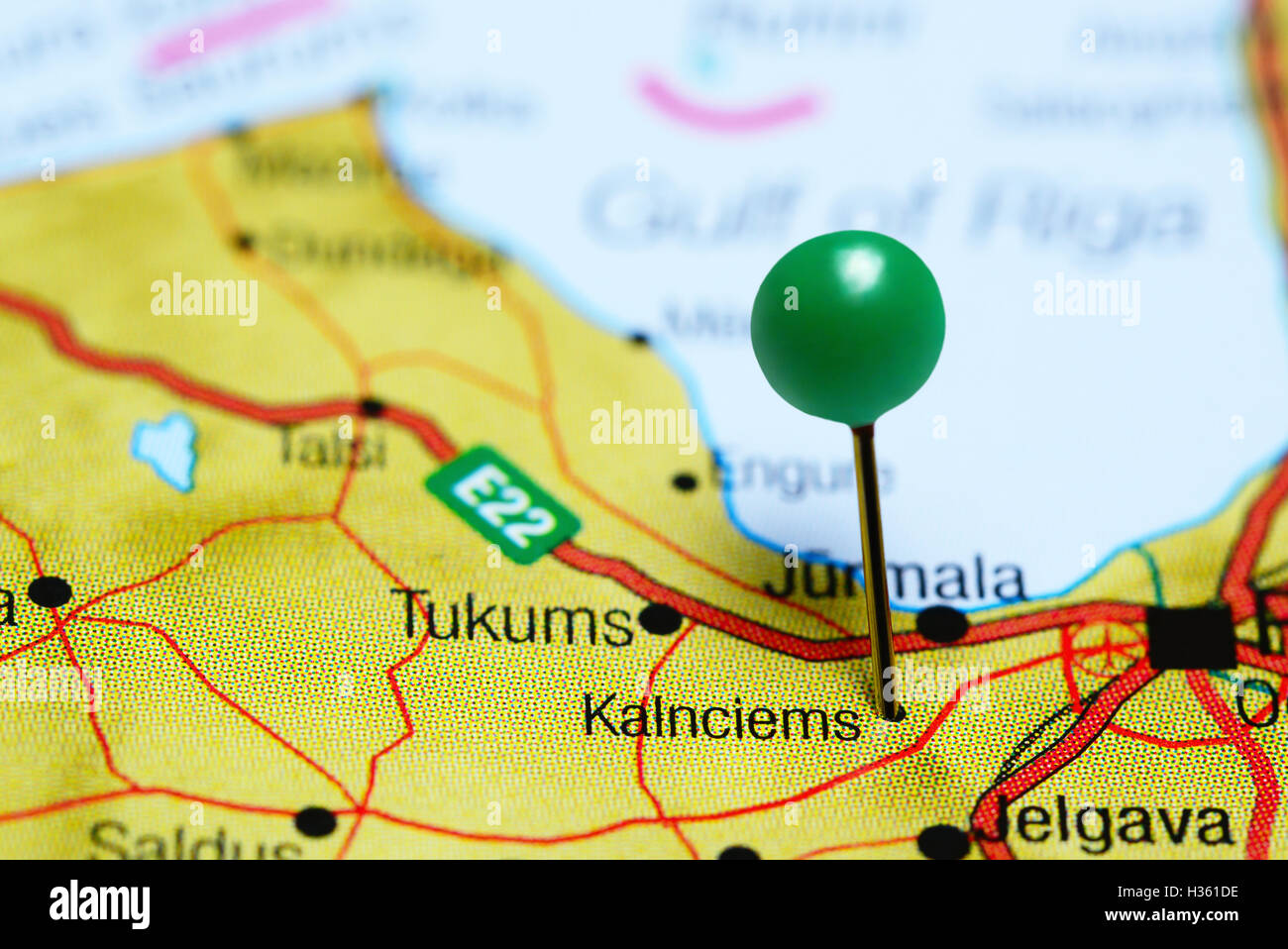 Kalnciems pinned on a map of Latvia Stock Photo