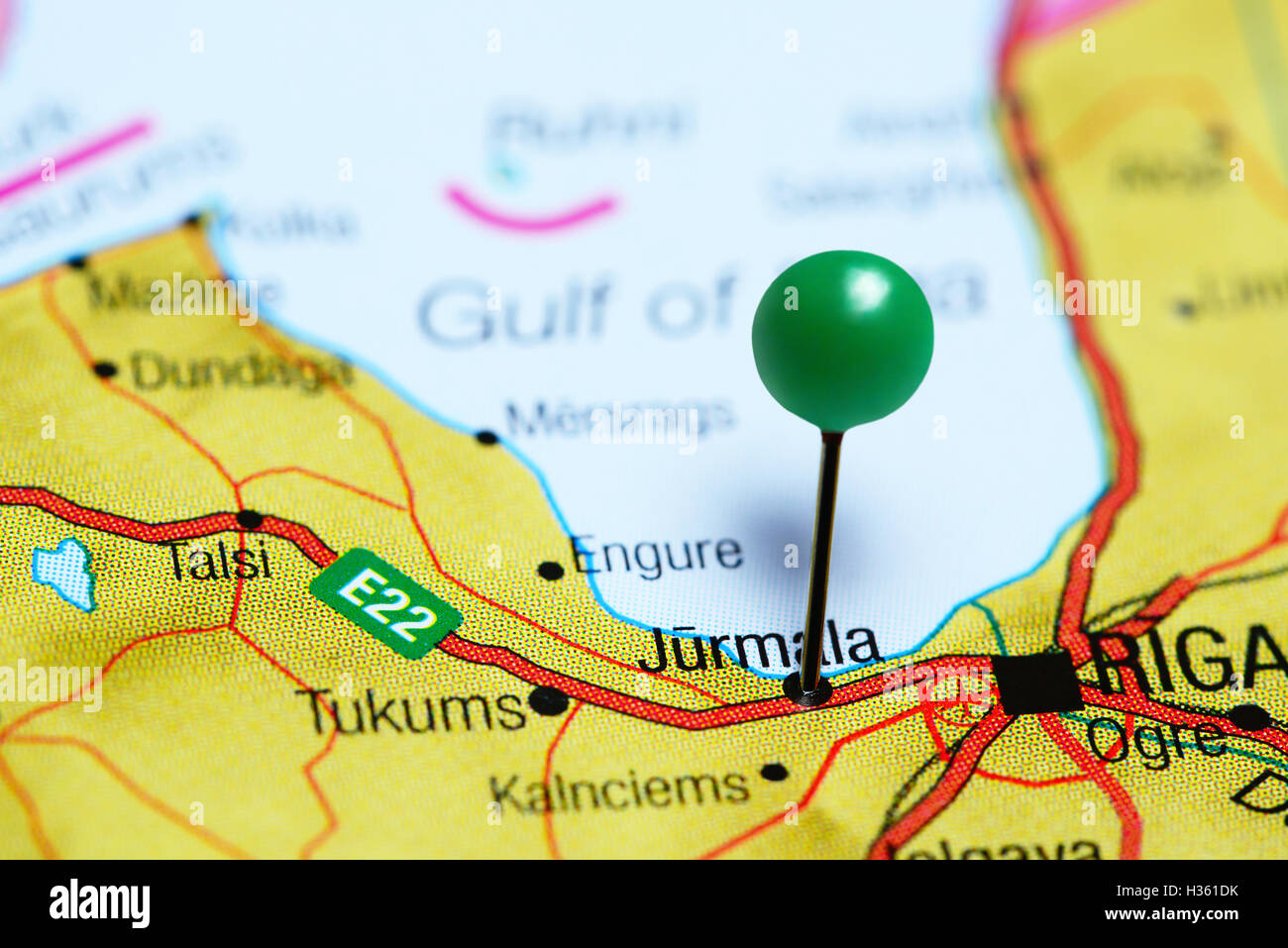 Jurmala pinned on a map of Latvia Stock Photo