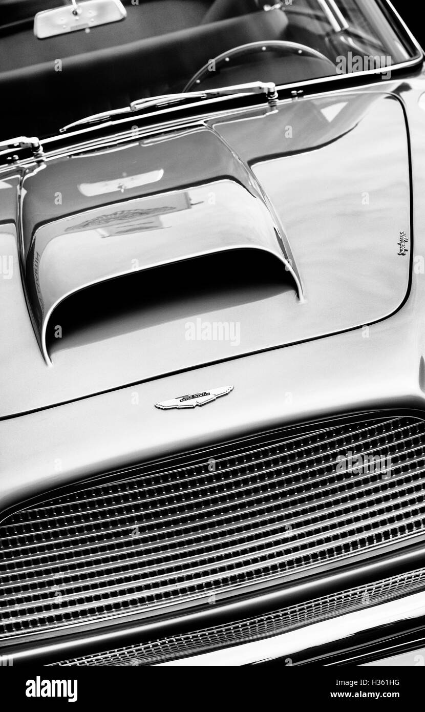Rare 1960 Aston Martin DB4 Series 1. Left hand drive. UK. Abstract. Black and White Stock Photo