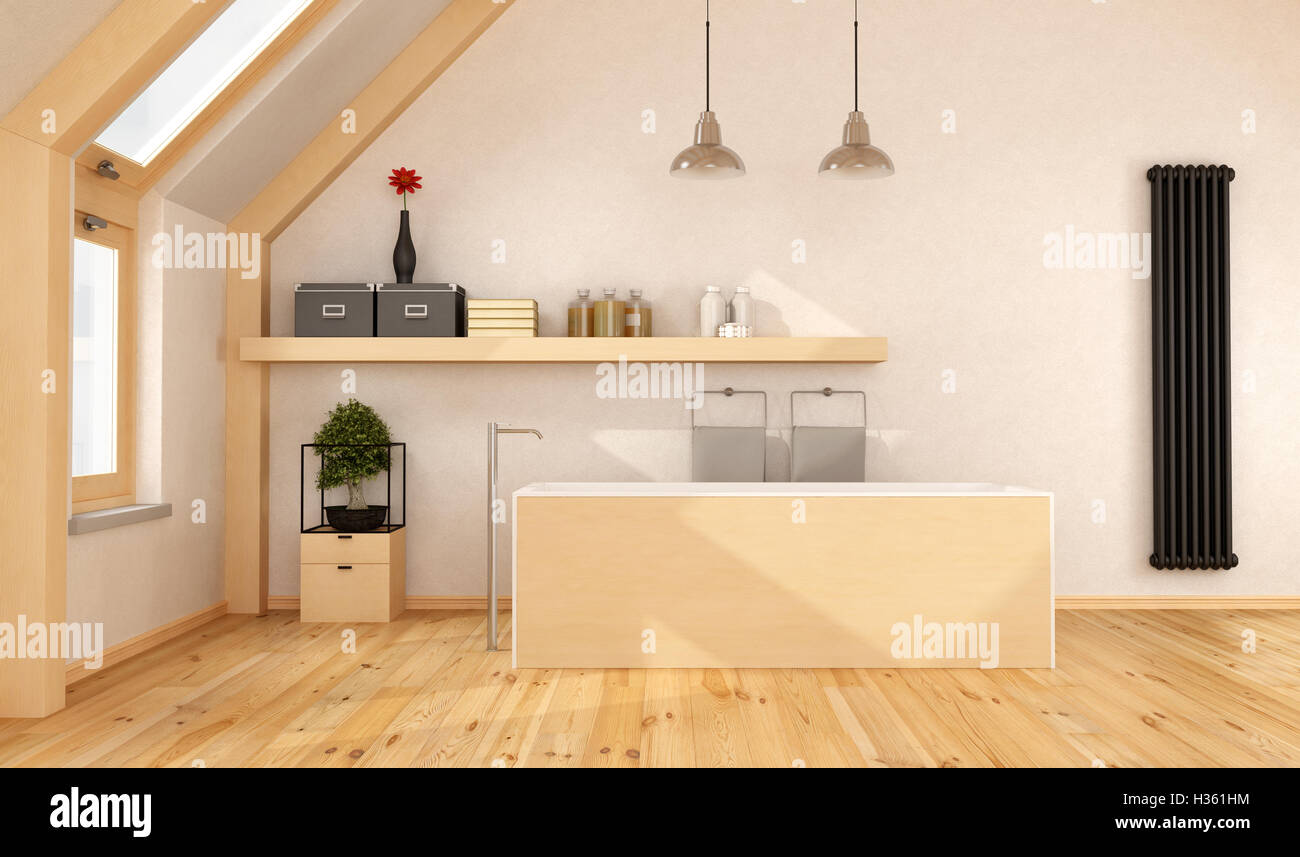 Wooden bathroom attic bathtub shelf radiator home hi-res stock ...