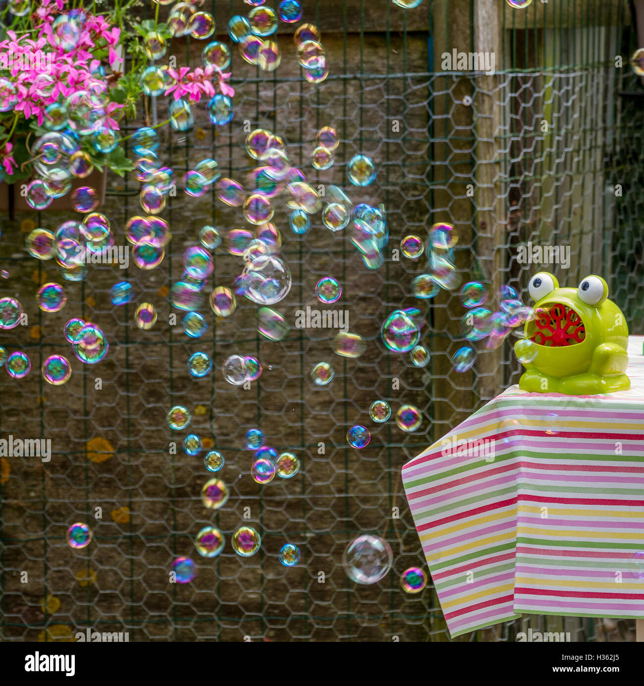 mechanical frog with bubbles in sunshine summer party Stock Photo