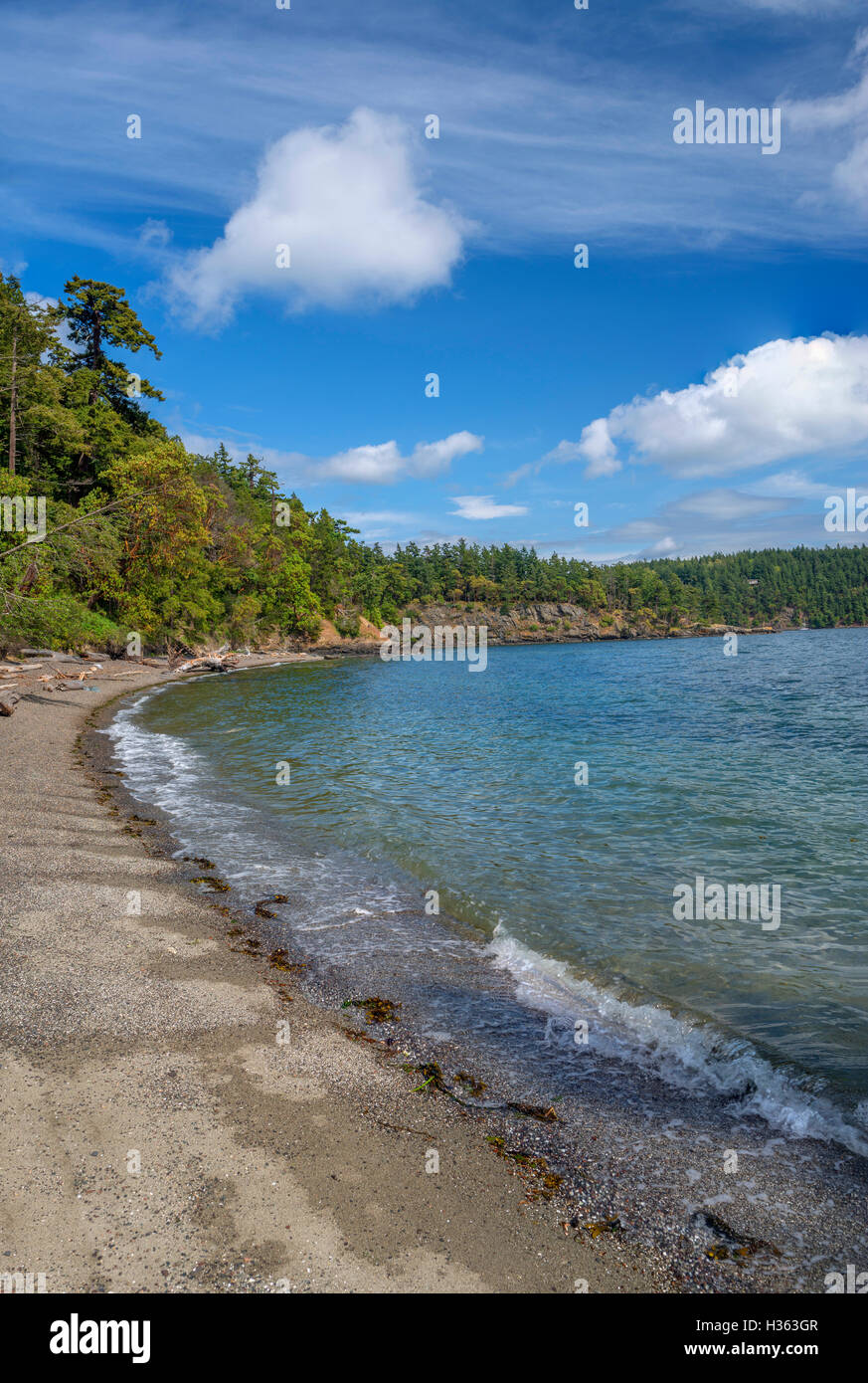 USA, Washington, San Juan Islands, Orcas Island, Obstruction Pass State Park, Curved gravel beach, rocky shoreline and forest of madrone and fir. Stock Photo