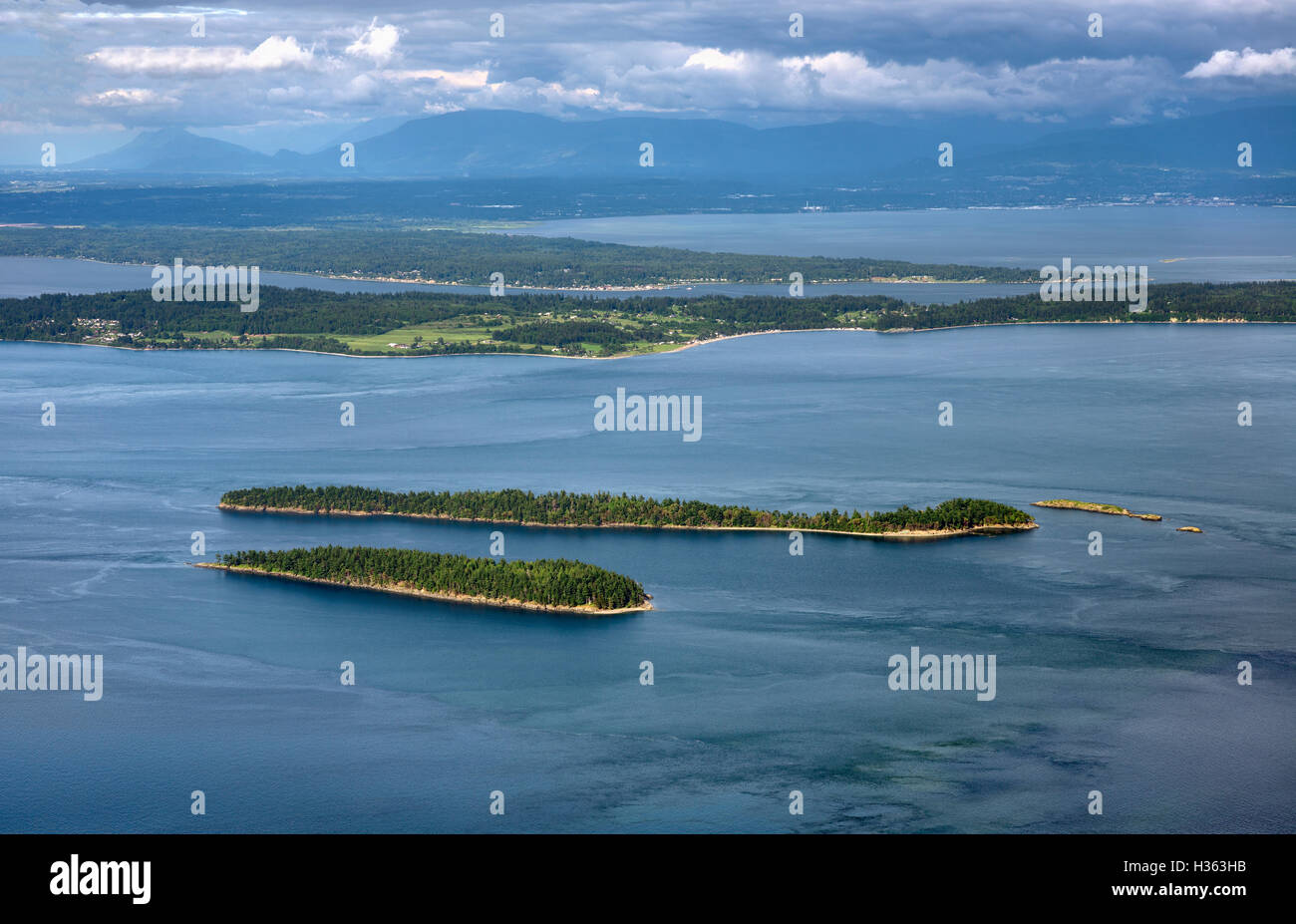 USA; Washington; San Juan Islands; Orcas Island; View east from Mount Constitution at towards islands and distant mainland. Stock Photo