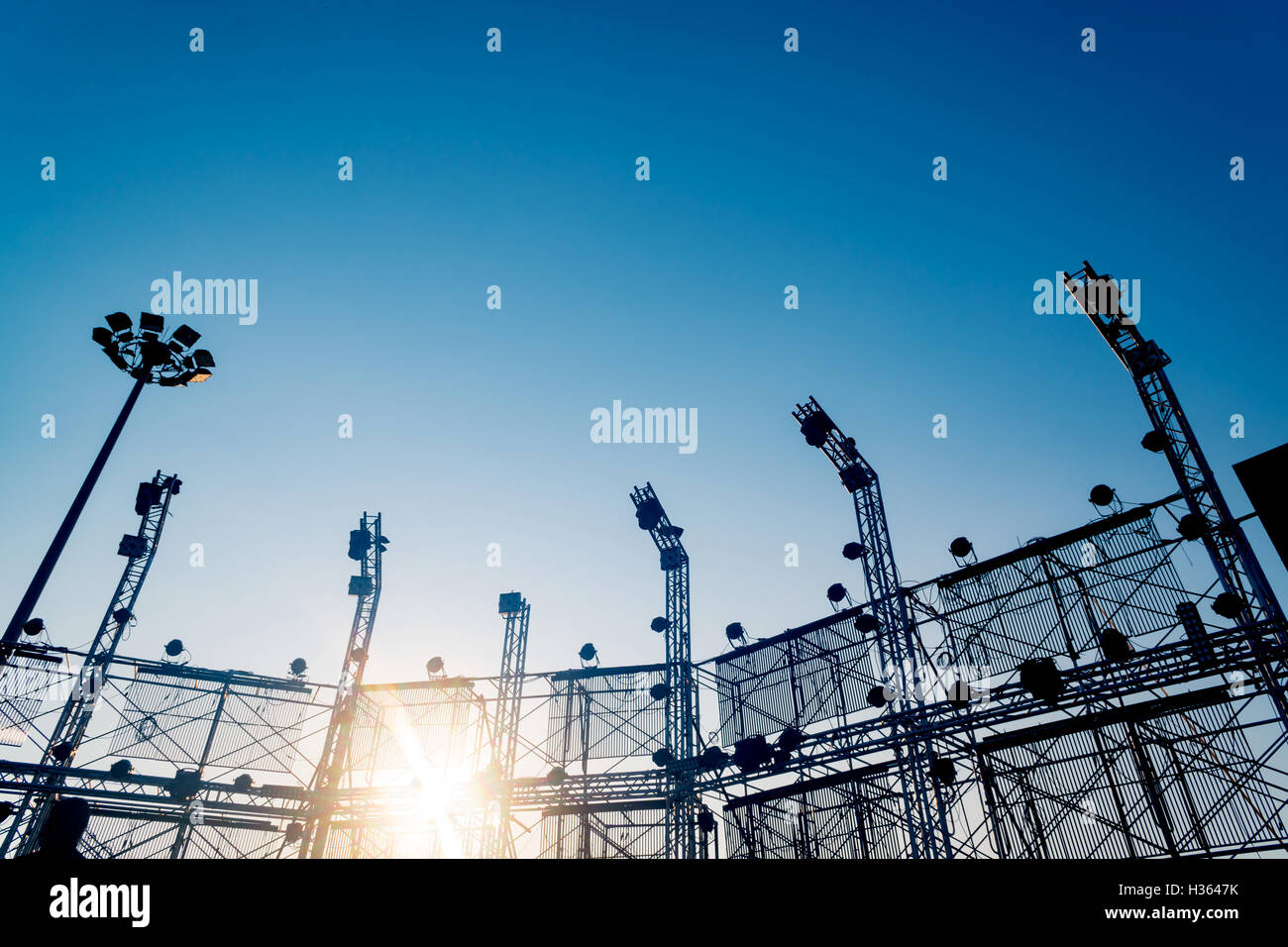Music stage equipment for a concert outdoor background blue sky and ...