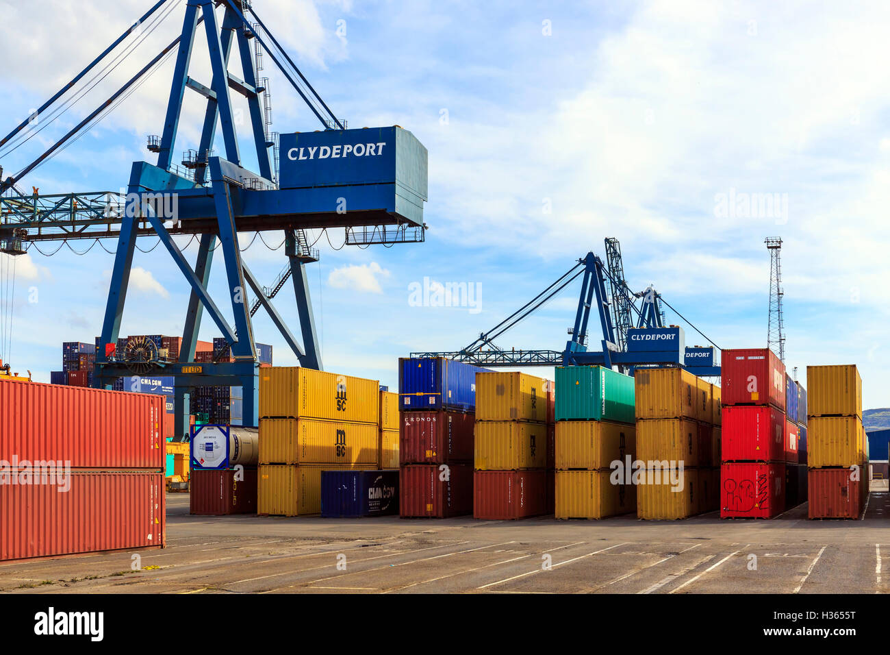 Clydeport docks and storage containers, Greenock, Glasgow, Scotland, UK