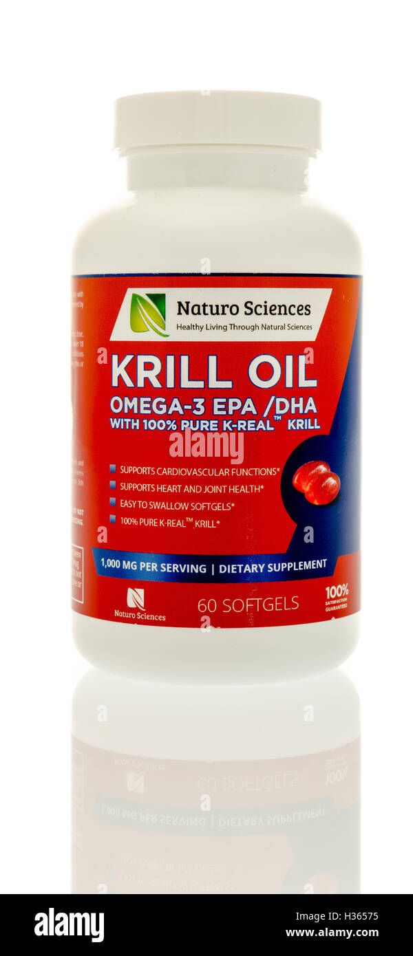 Winneconne, WI - 7 September 2016:  Bottle of Naturo Sciences krill oil on an isolated background. Stock Photo