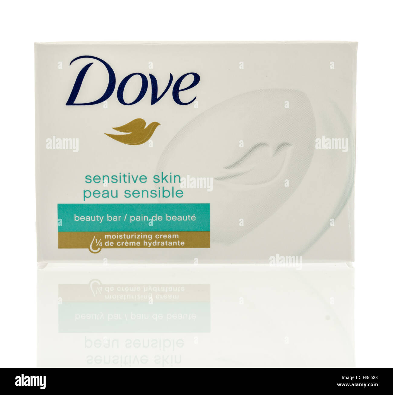 Winneconne, WI - 7 September 2016:  Box of Dove soap sensitive skin on an isolated background. Stock Photo