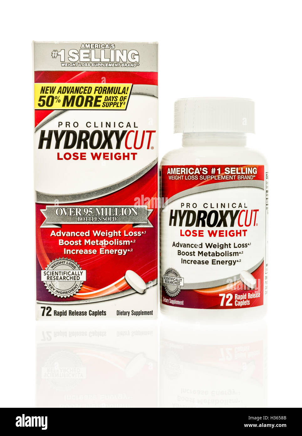 Winneconne, WI - 7 September 2016:  Package of Hydroxycut weight lose supplement on an isolated background. Stock Photo