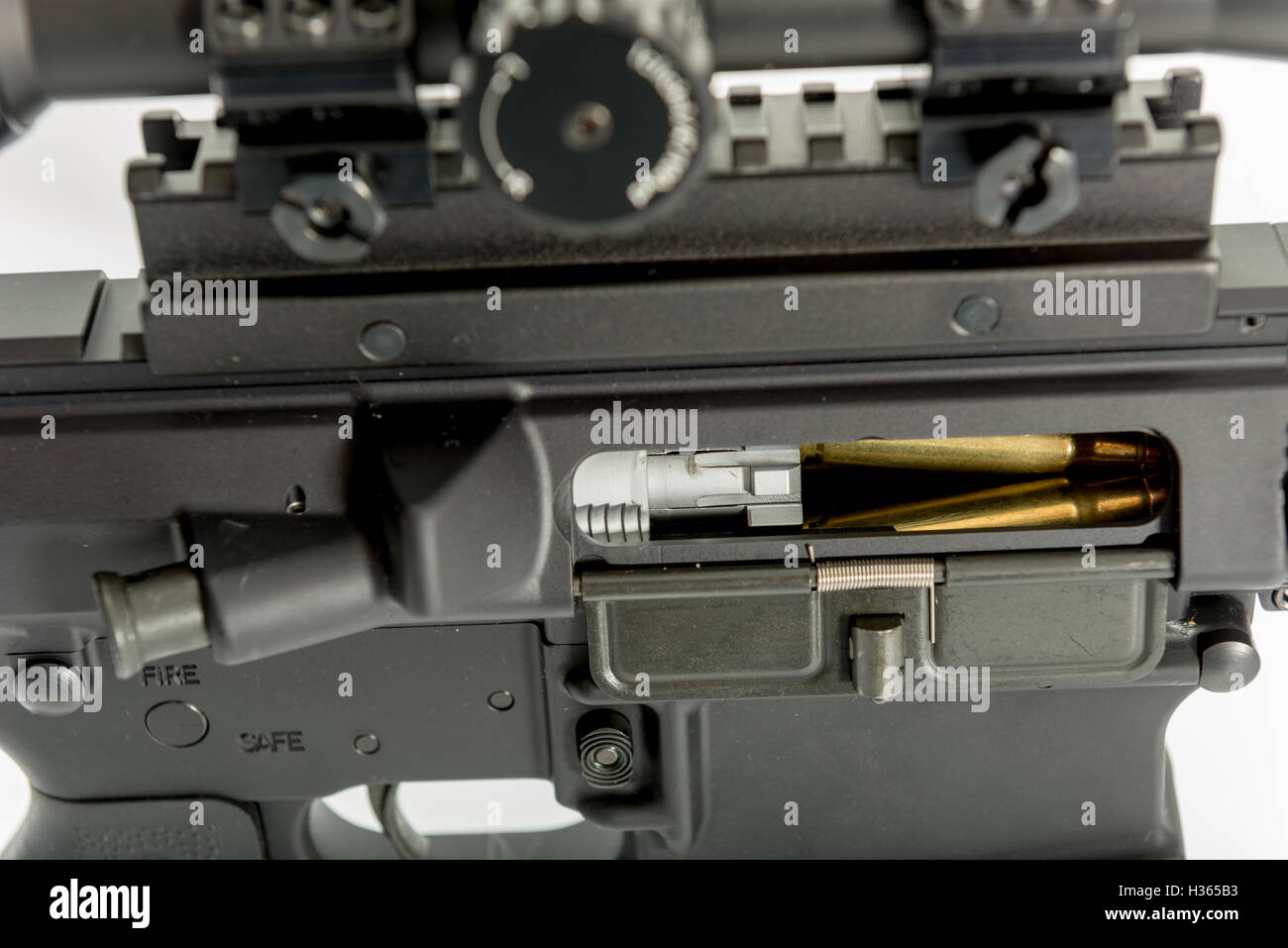 Rounds jammed inside the chamber of an assault rifle Stock Photo