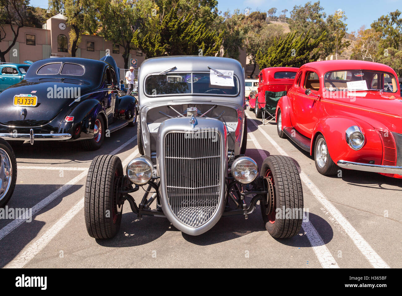 Laguna Beach, CA, USA - October 2, 2016: Silver 1938 Ford Truck Cab Coupe owned by James Valente and displayed at the Rotary Clu Stock Photo