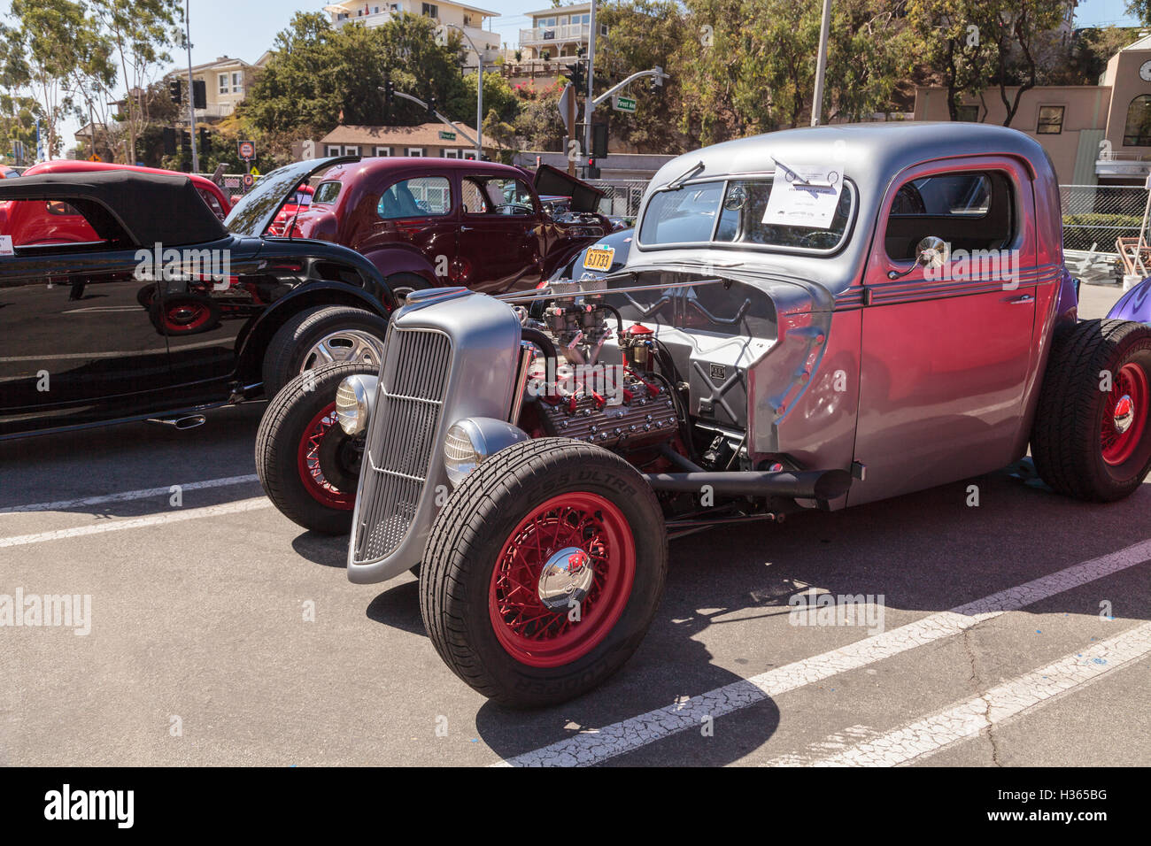 Laguna Beach, CA, USA - October 2, 2016: Silver 1938 Ford Truck Cab Coupe owned by James Valente and displayed at the Rotary Clu Stock Photo