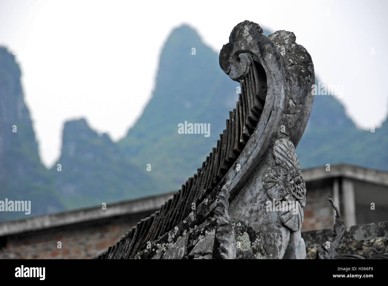The roof of a typical Qing dynasty home in Xingping village, Guangxi, China. Stock Photo
