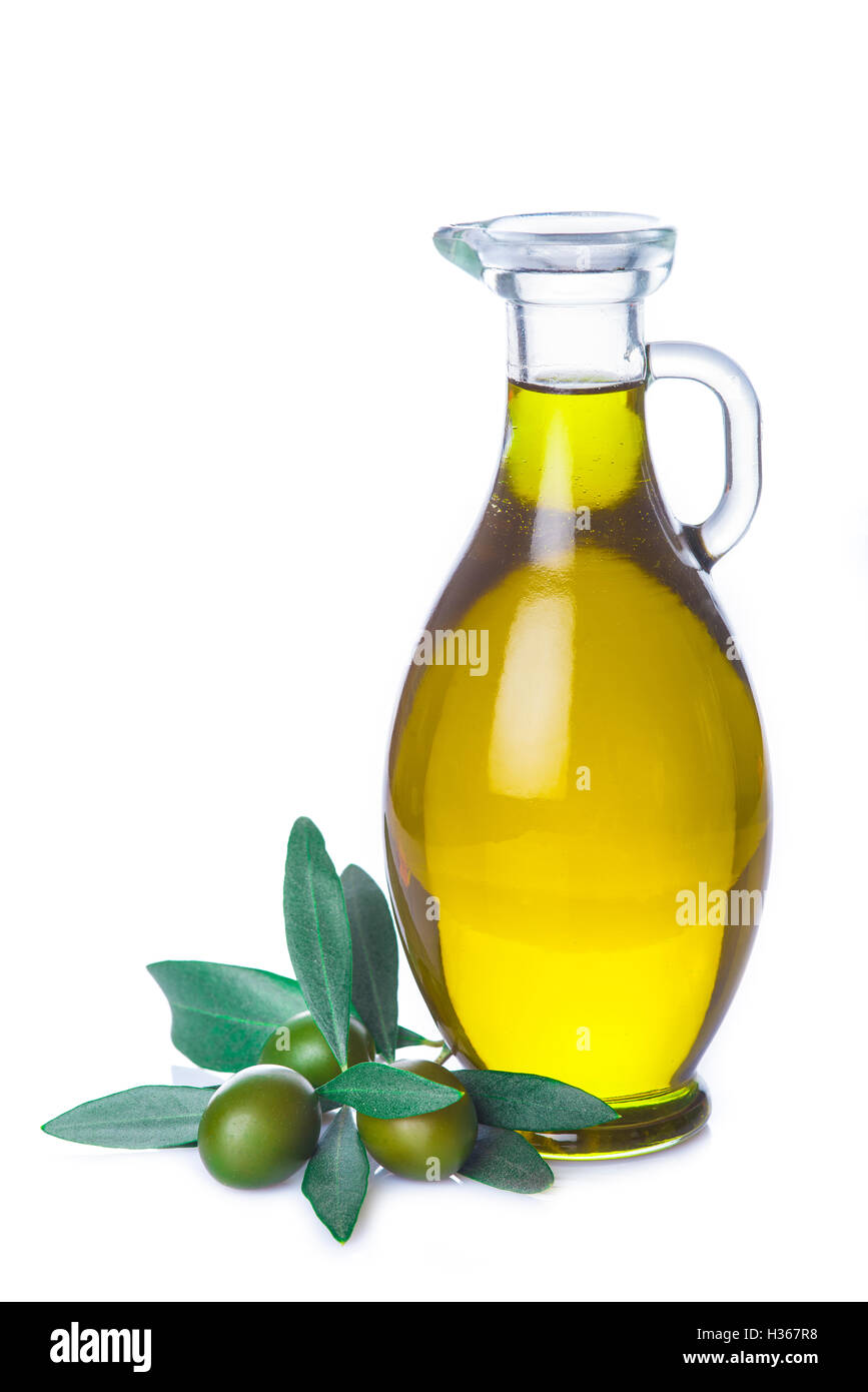 Olive oil bottle with leaves and olives isolated on  a white background Stock Photo