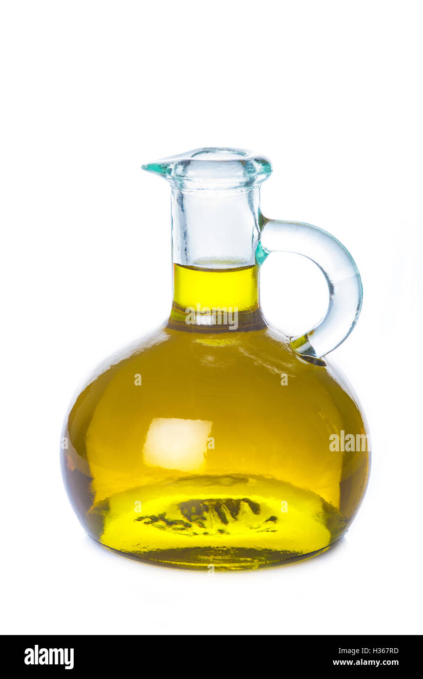 Extra virgin olive oil bottle isolated on a white backgroun Stock Photo