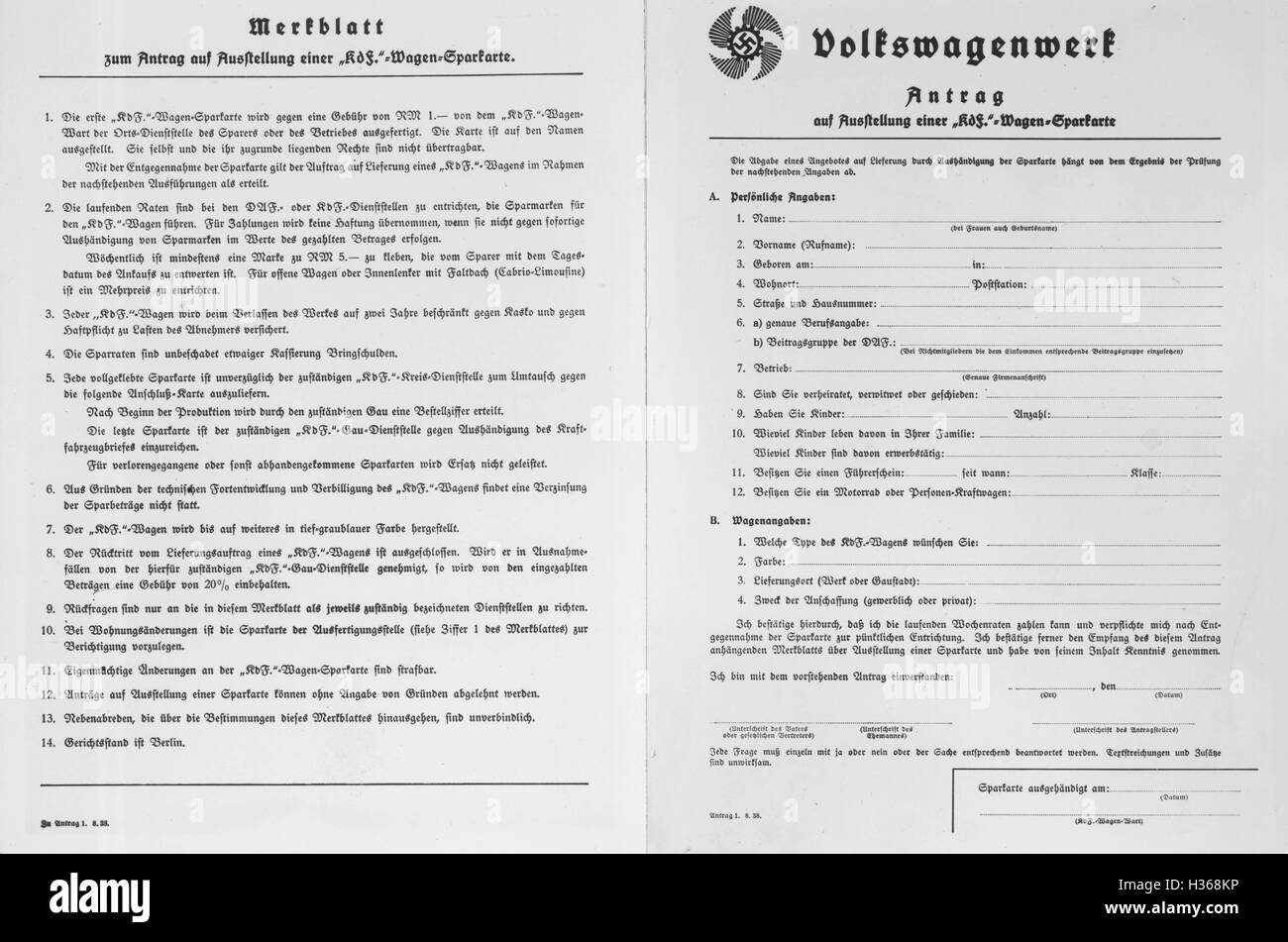 Application form for a KdF-Wagen, 1938 Stock Photo