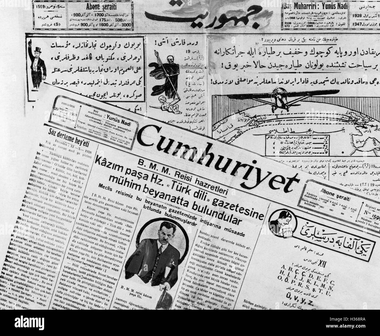The Turkish language reform illustrated with a newspaper, 1928 Stock Photo