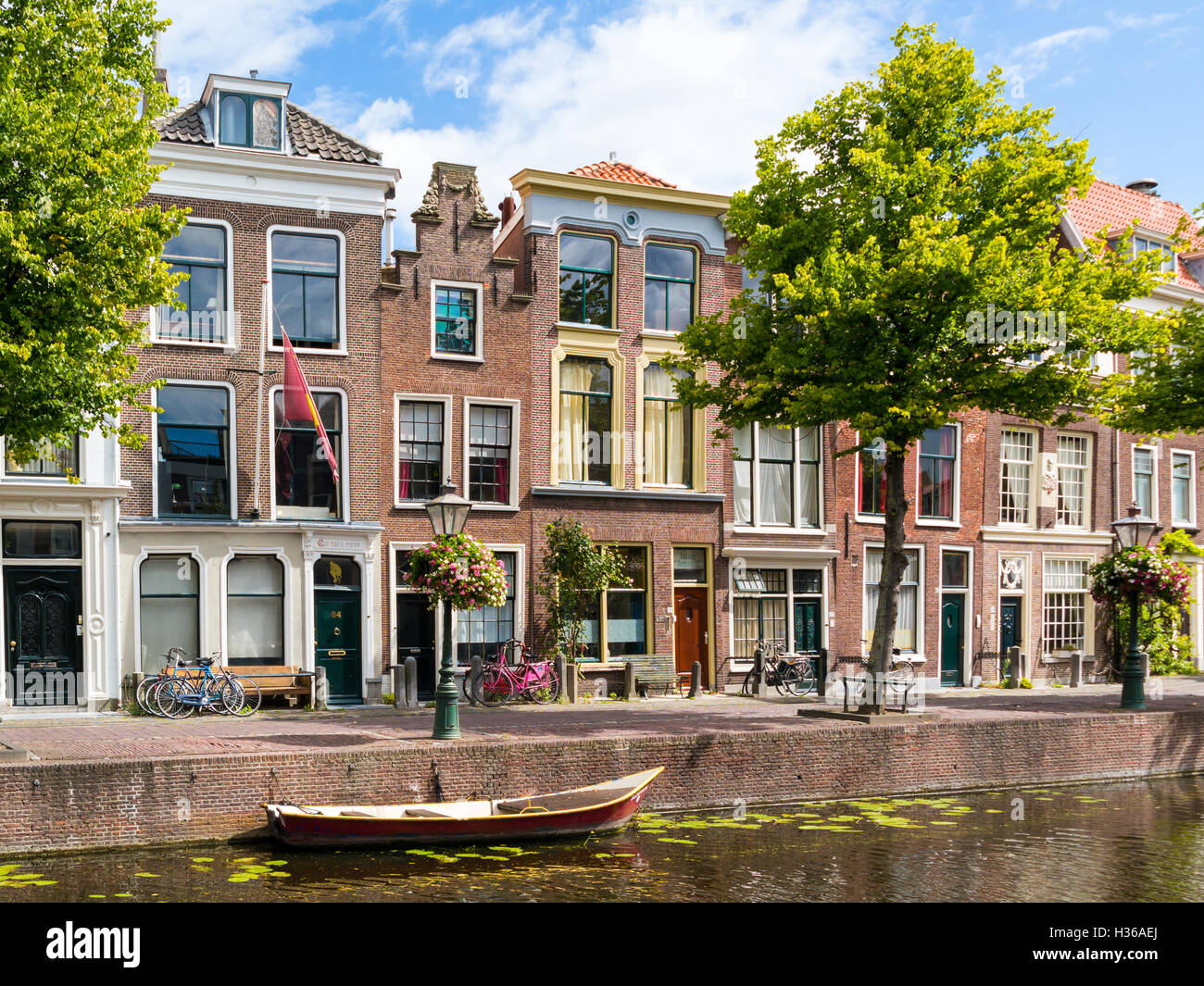 Gables of historic houses on Rapenburg canal in old town of Leiden, South Holland, Netherlands Stock Photo