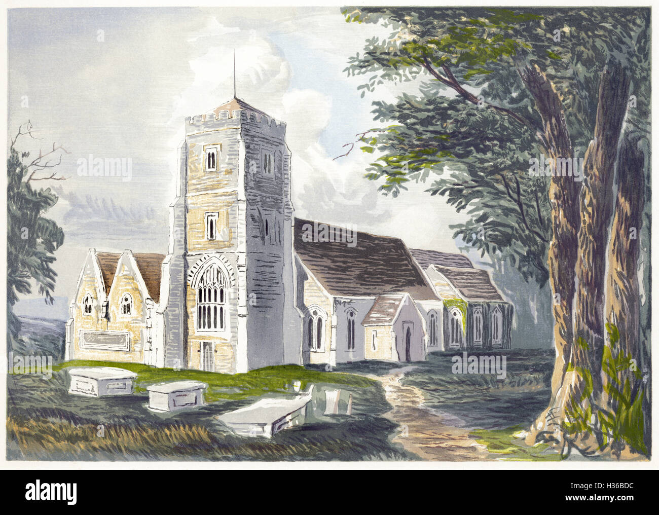 A watercolour painting entitled St Mary, Beddington, Surrey scanned at high resolution from a book printed in 1869. Believed copyright free. Stock Photo