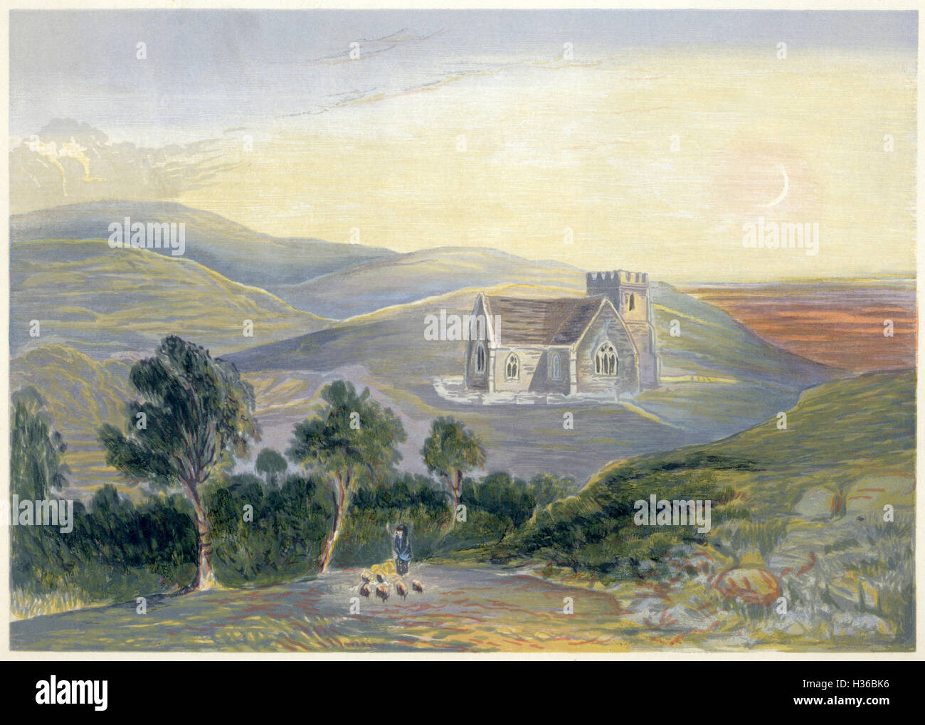 A watercolour painting entitled St Mary, Brook, Isle of Wight scanned at high resolution from a book printed in 1869. Believed copyright free. Stock Photo