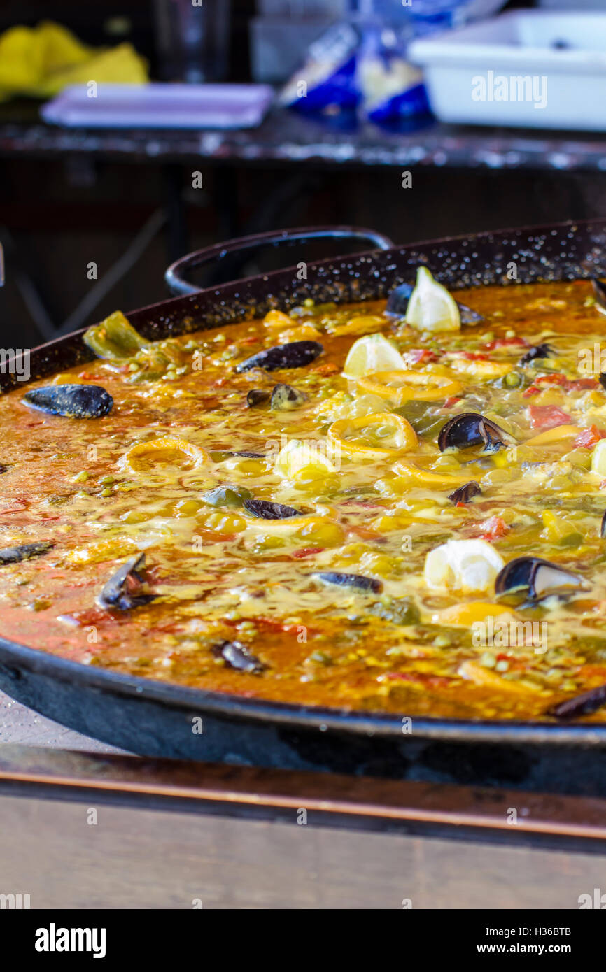 Valencia, traditional Spanish paella, seafood and rice dish made Stock