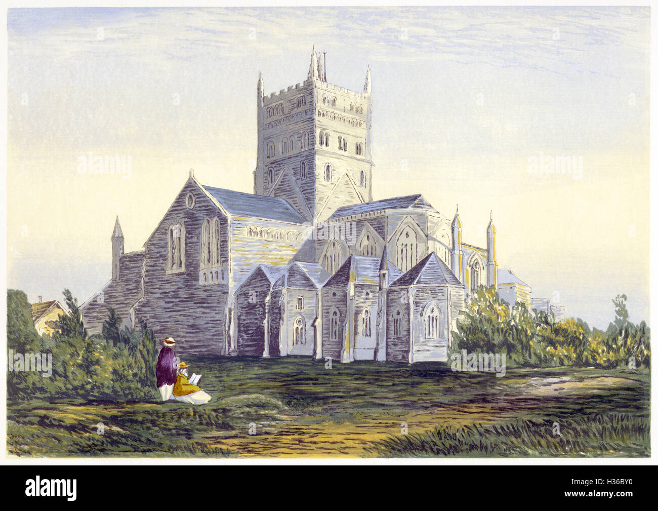 A watercolour painting entitled St Mary, Tewkesbury, Gloucestershire scanned at high resolution from a book printed in 1869. Believed copyright free. Stock Photo