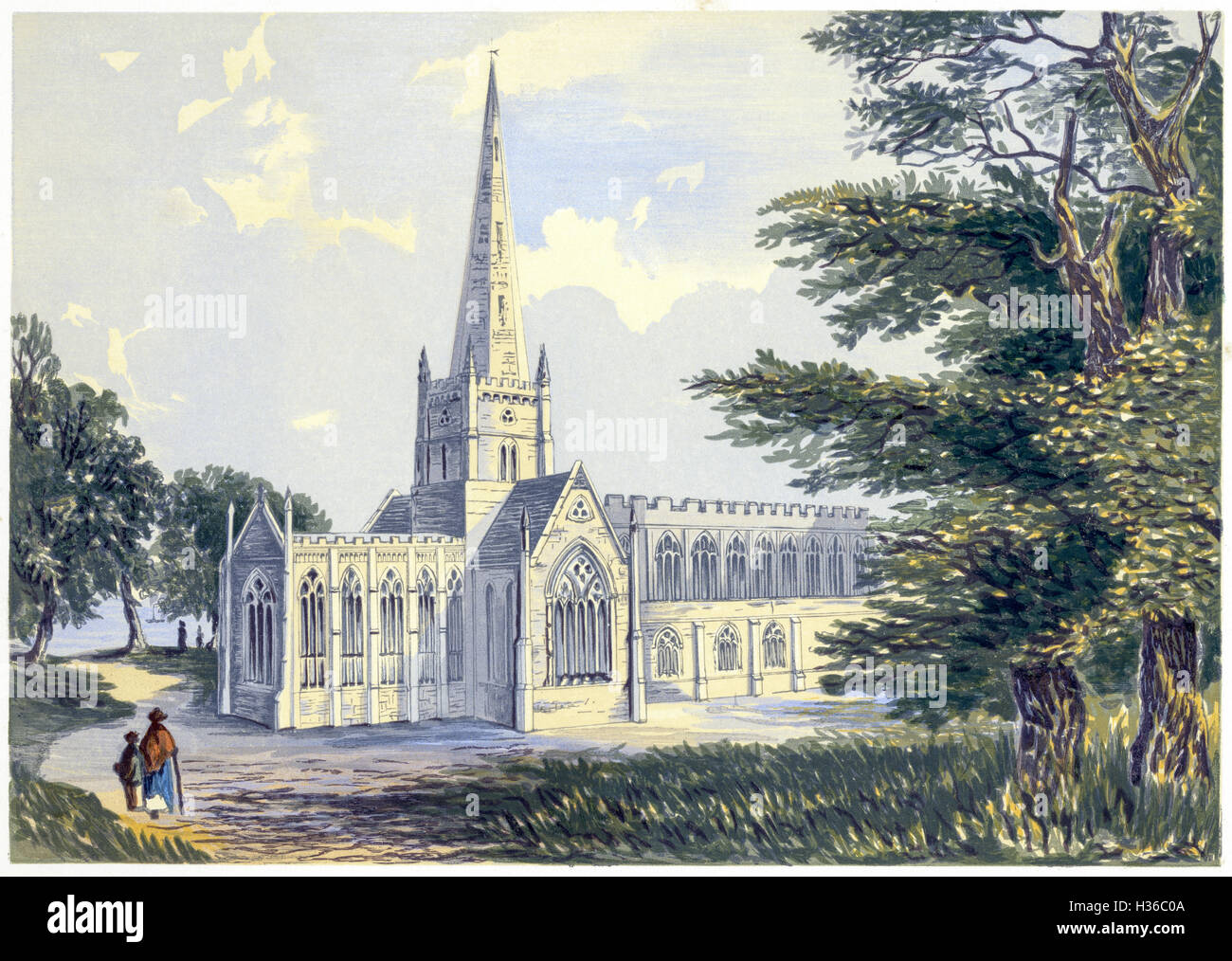 Watercolour painting of Holy Trinity, Stratford on Avon, Warwickshire scanned at high resolution from a book printed in 1869. Believed copyright free. Stock Photo