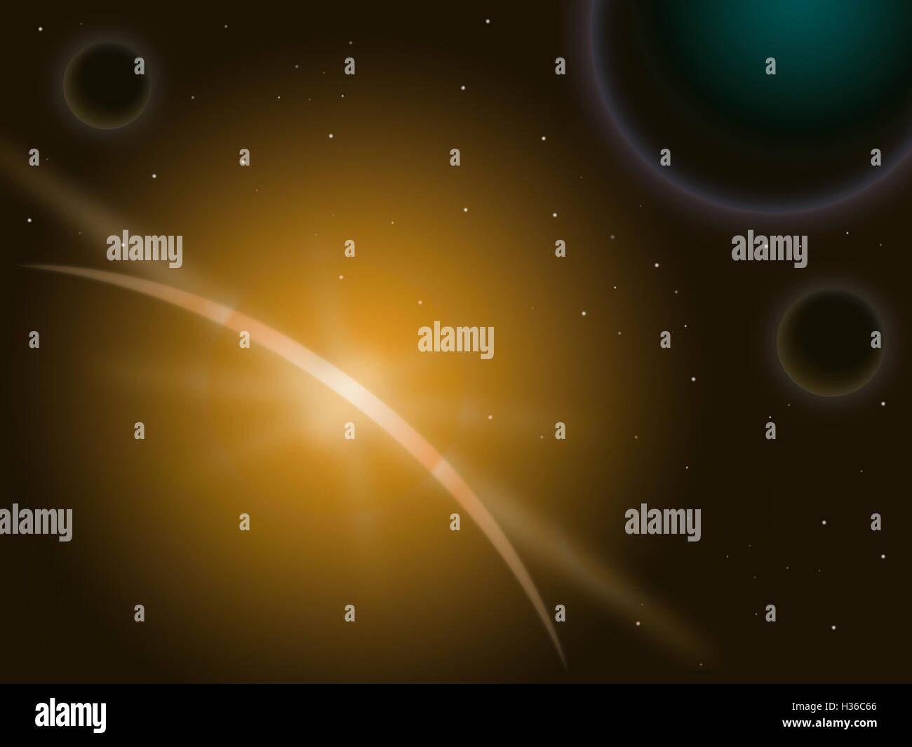 Orange Star Behind Planet Shows Galaxy Atmosphere And Universe Stock Photo