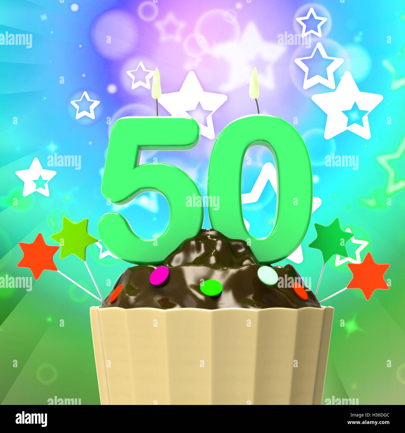Fifty Candle On Cupcake Means Special Celebration Or Colourful E Stock Photo