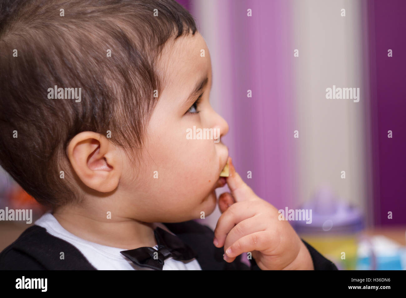 Adorable happy baby eating chocolate, wearing suit and bow tie Stock Photo Alamy