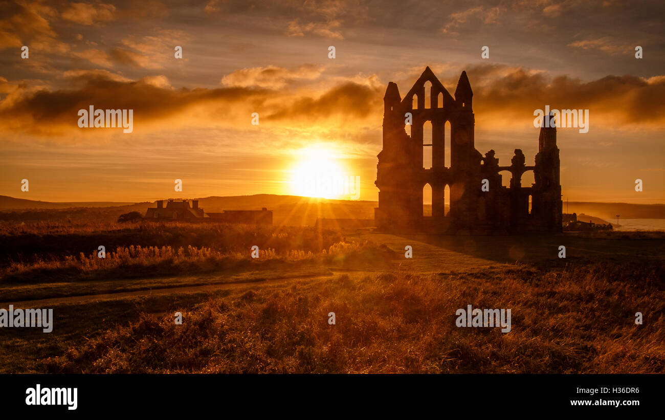 Sunset at Whitby Abbey, North Yorkshire Stock Photo