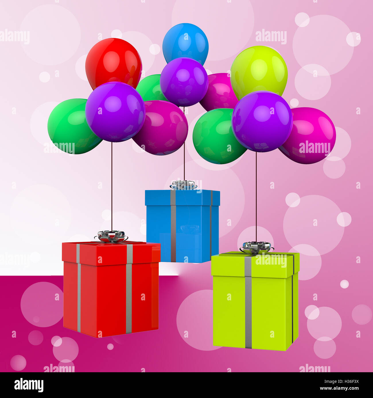 Balloons With Presents Show Colourful Balloons And Presents Stock Photo