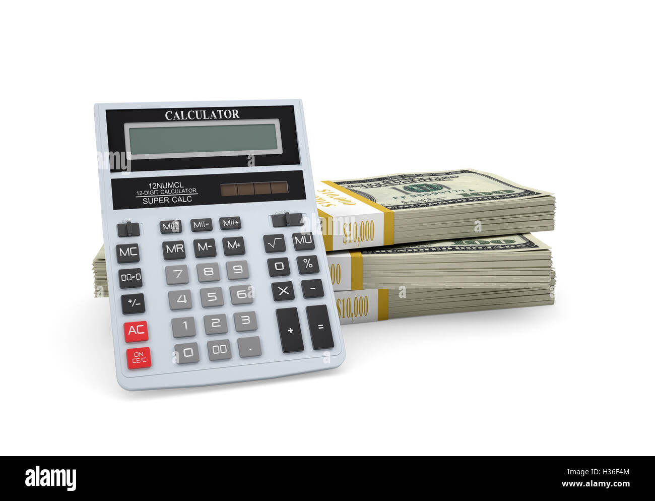 Calculator stand on pack of dollars Stock Photo Alamy