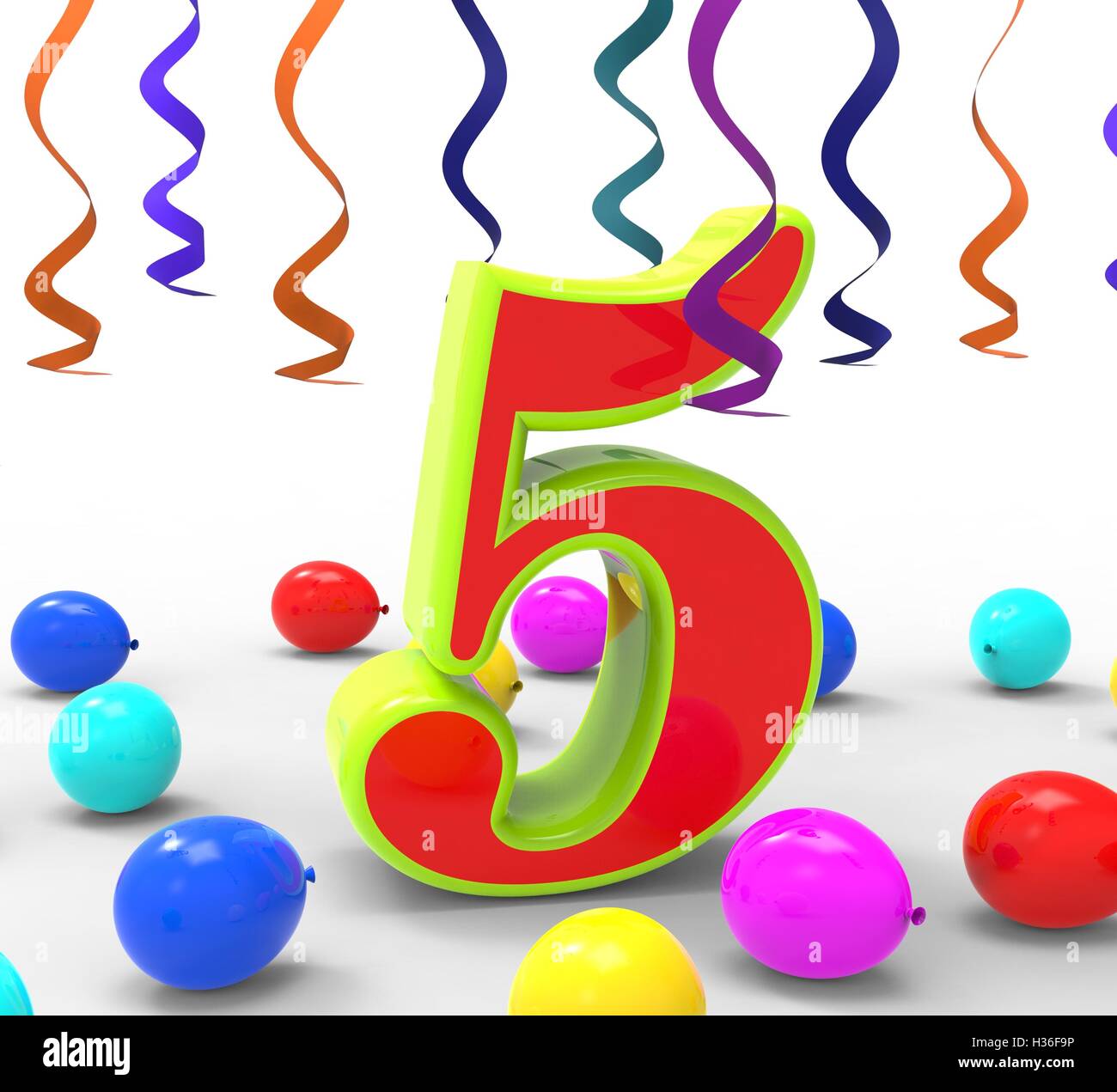 Number Five Party Shows Multi Coloured Decorations And Confetti Stock Photo