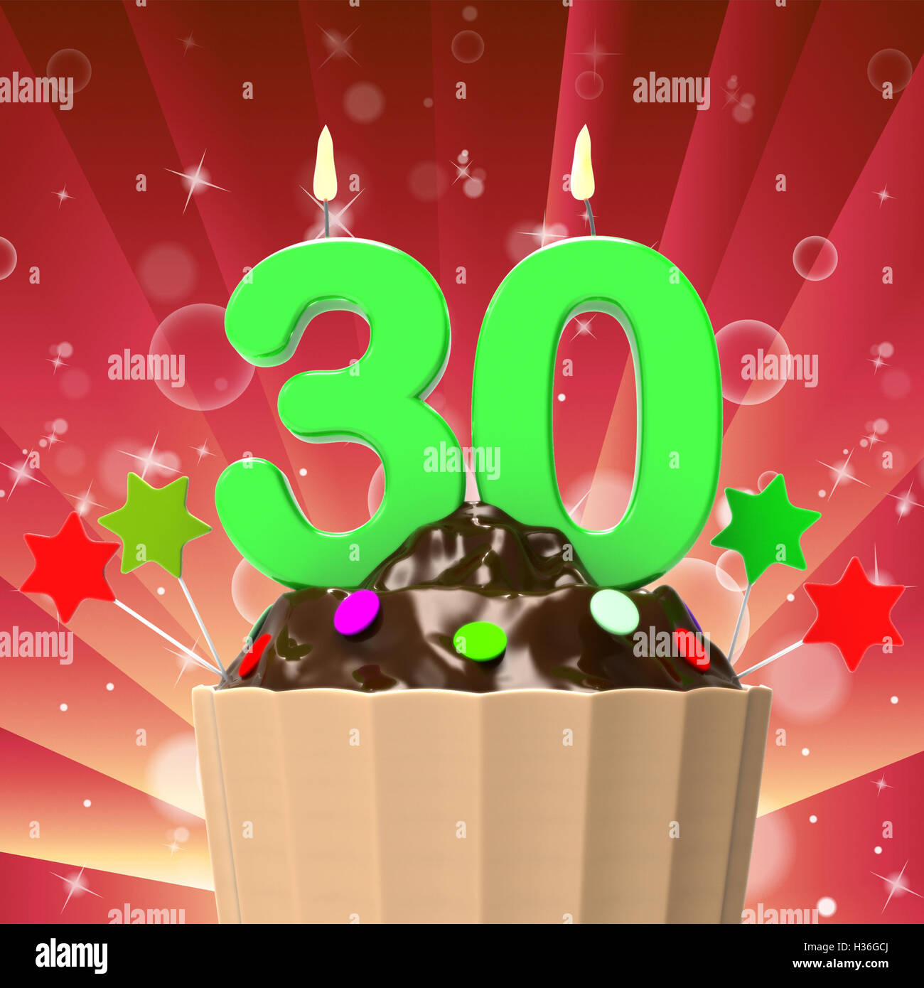 Thirty Candle On Cupcake Means Colourful Party Or Decorated Cake Stock Photo