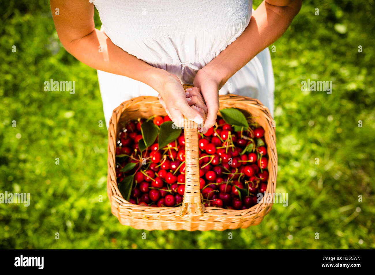 Beautiful young woman holding a basket Stock Photo - Alamy