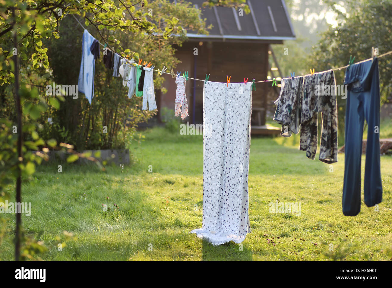 outdoor clothesline clothespin Stock Photo Alamy