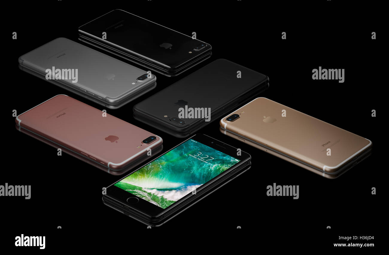 3D rendering of Jet Black, Black, Rose Gold, Gold, Silver iPhone 7 Plus on black background. Stock Photo