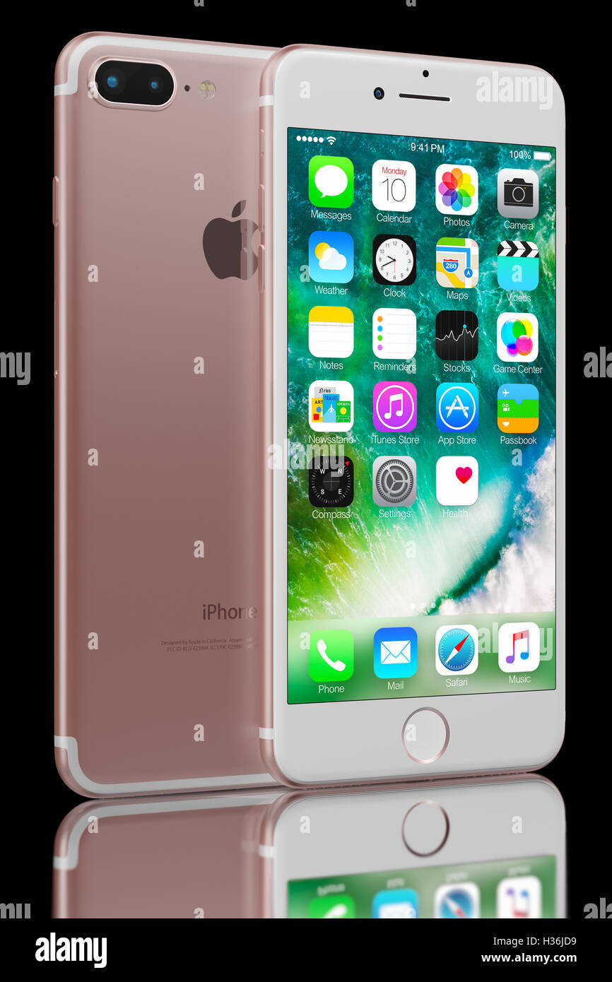 Isolated 3d rendering of Rose Gold iPhone 7 Plus on black background.  Devices displaying the applications on the home screen Stock Photo - Alamy