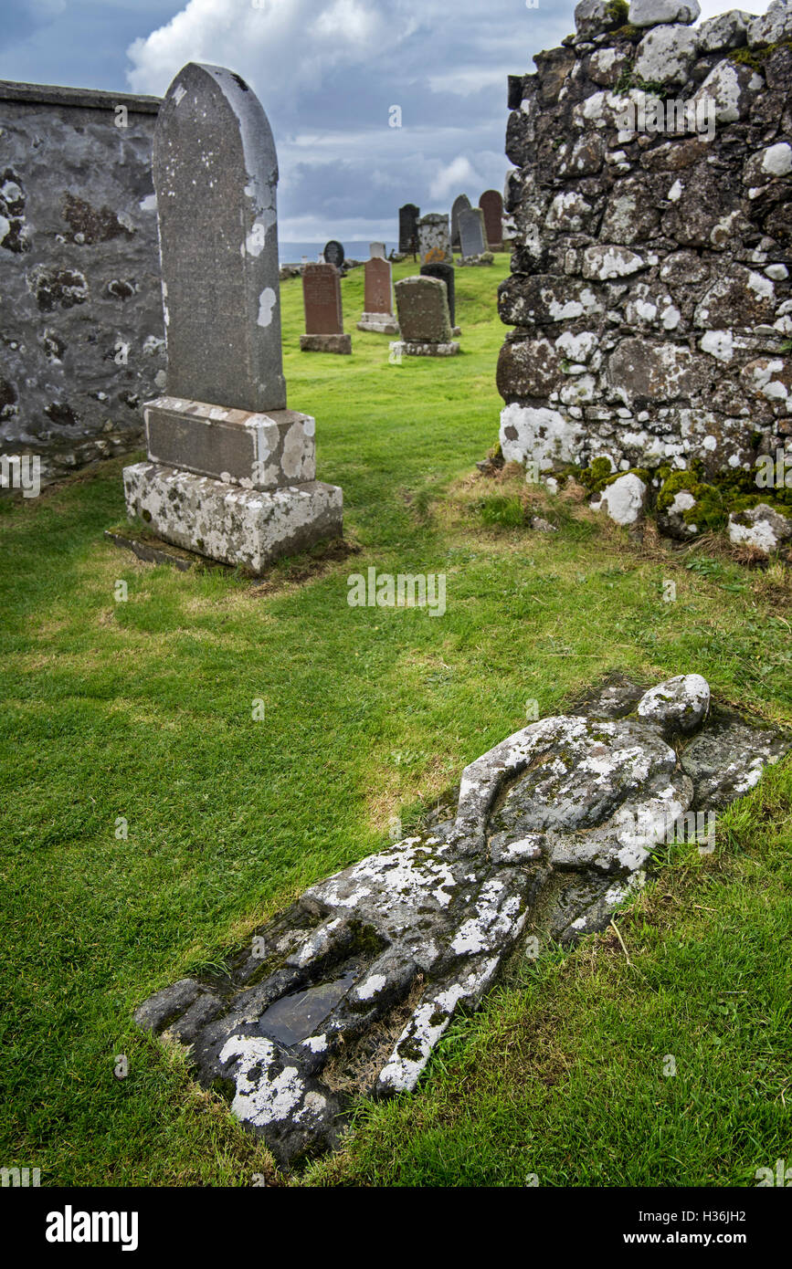 Stone grave slab of Angus Martin on the Kilmuir Cemetery, Isle of Skye, Scottish Highlands