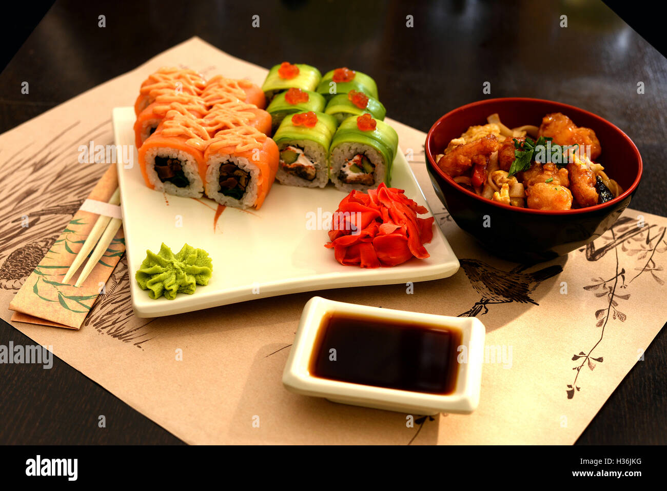 sushi rolls and noodles for a romantic dinner Stock Photo Alamy
