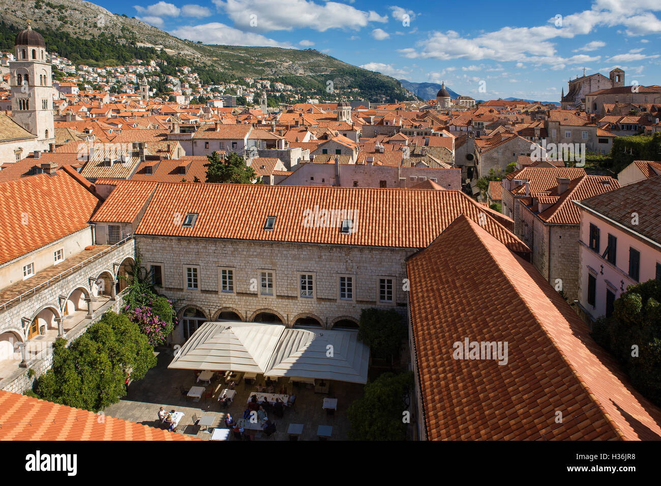 St. Claire's Convent and the roofs of old town (stari grad), from the city walls above Za Rokom, Dubrovnik, Croatia Stock Photo