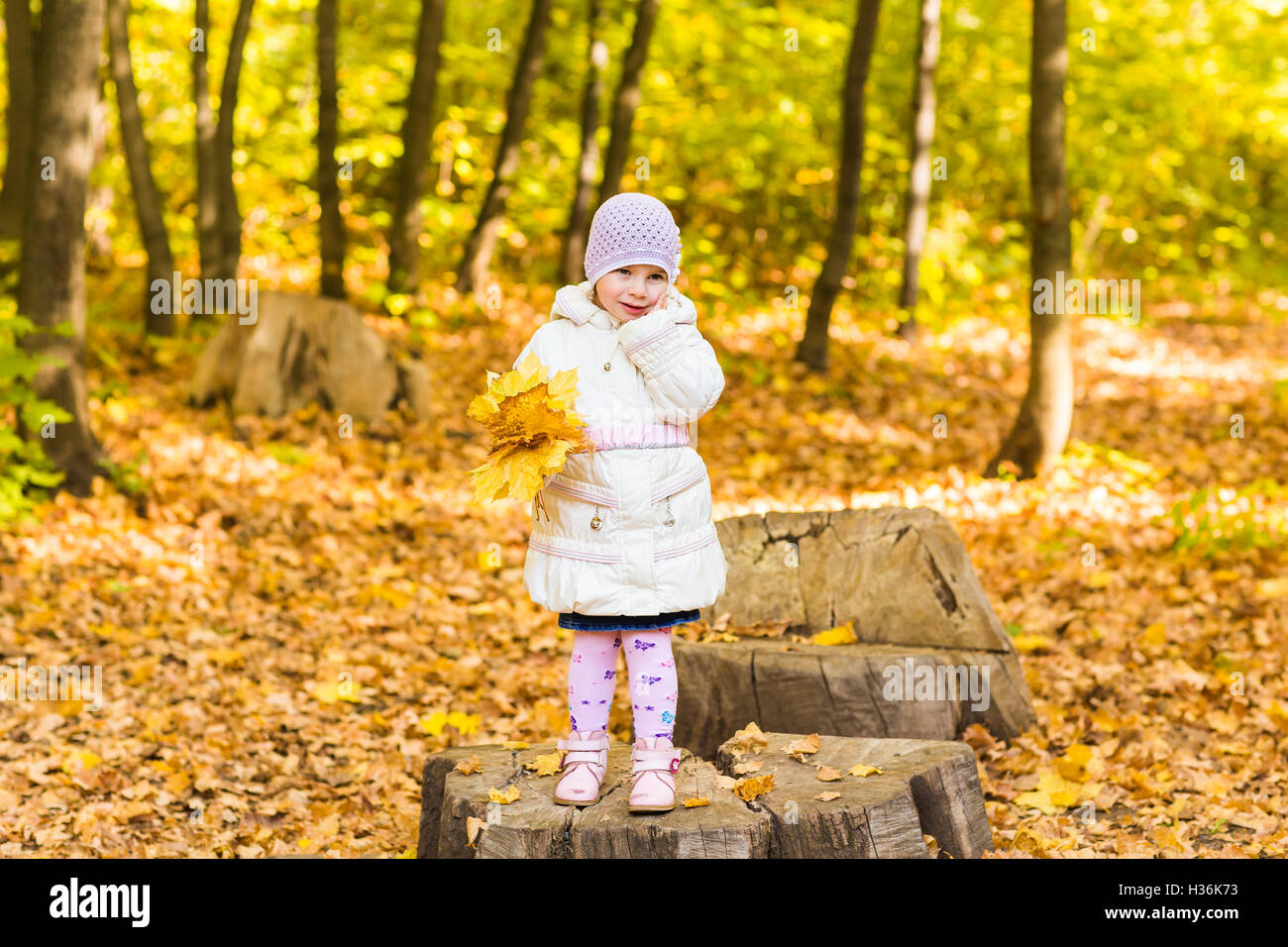 Little baby girl with autumn leaves in the park Stock Photo - Alamy