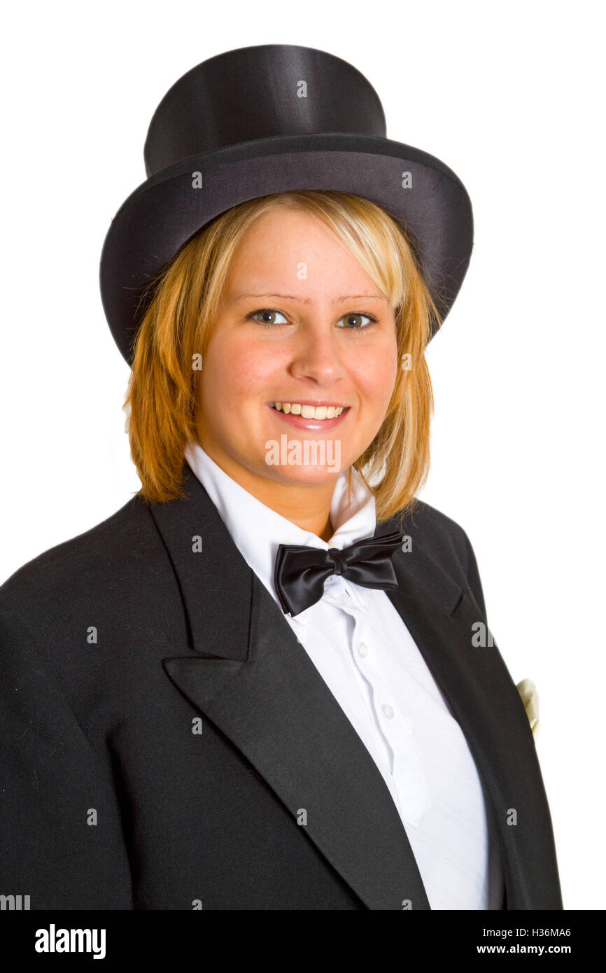 Attractive young woman with chapeau claque hat isolated on white Stock  Photo - Alamy