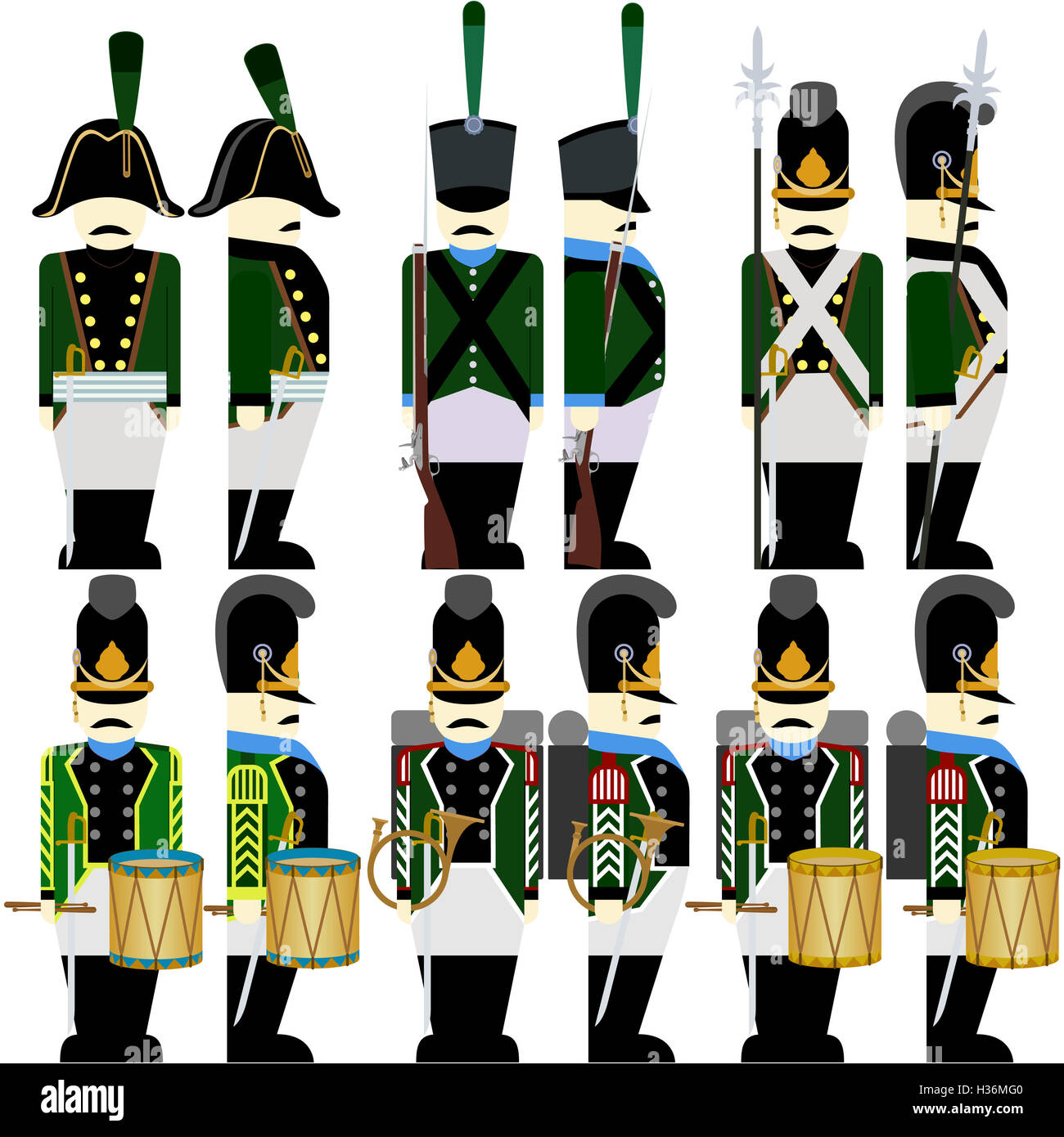 Soldiers of the army of Bavaria in uniform and weapons were used in the 1812 war. The illustration on a white background. Stock Photo