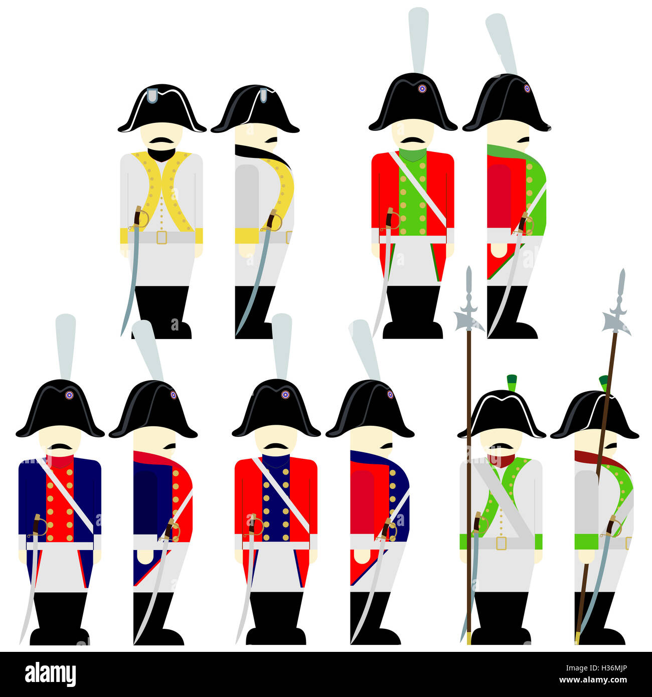Soldiers of the army of Saxony in uniforms and weapons were used in the 1812 war. The illustration on a white background. Stock Photo