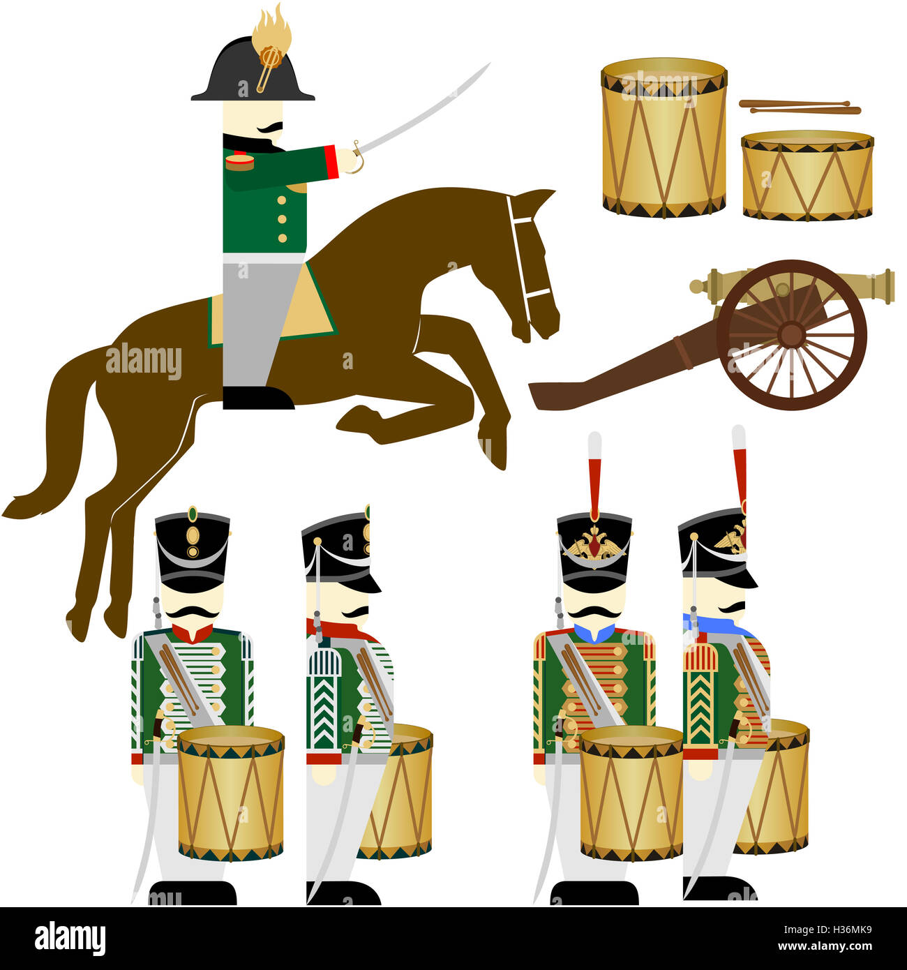 Army soldiers in Russian uniforms and weapons were used in the 1812 war. The illustration on a white background. Stock Photo