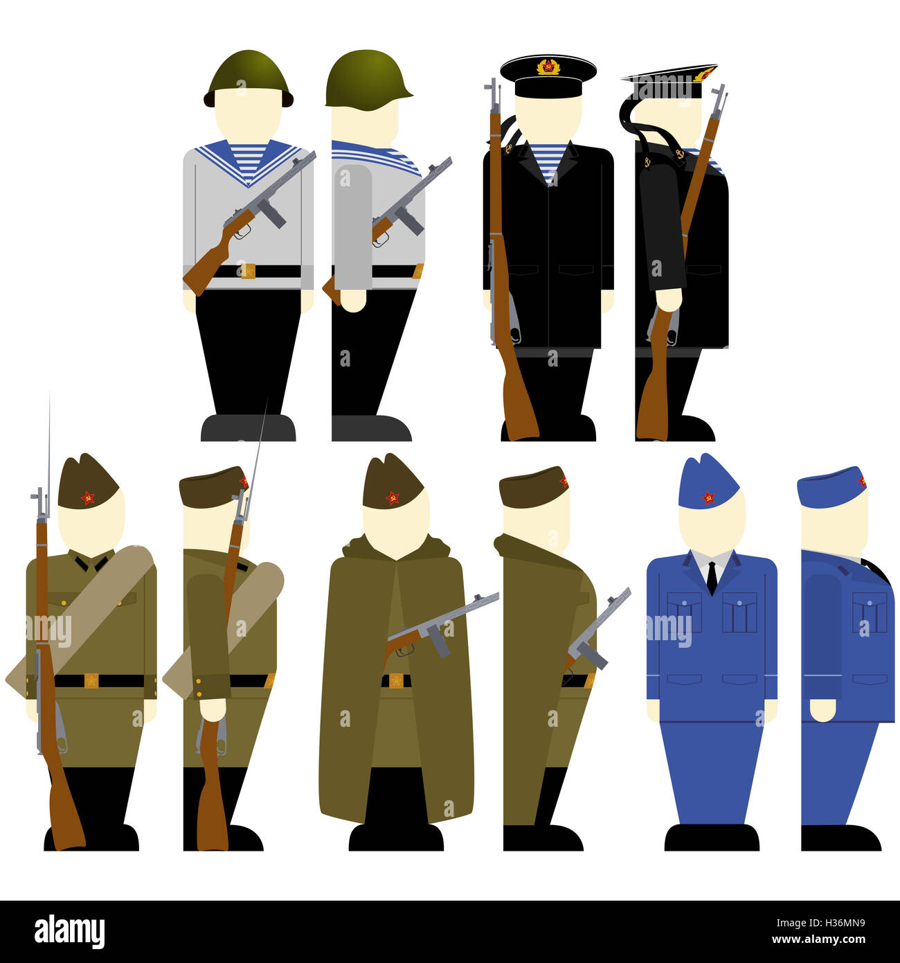 Uniforms and weapons of Soviet soldiers and officers in the Second World War. The illustration on a white background. Stock Photo