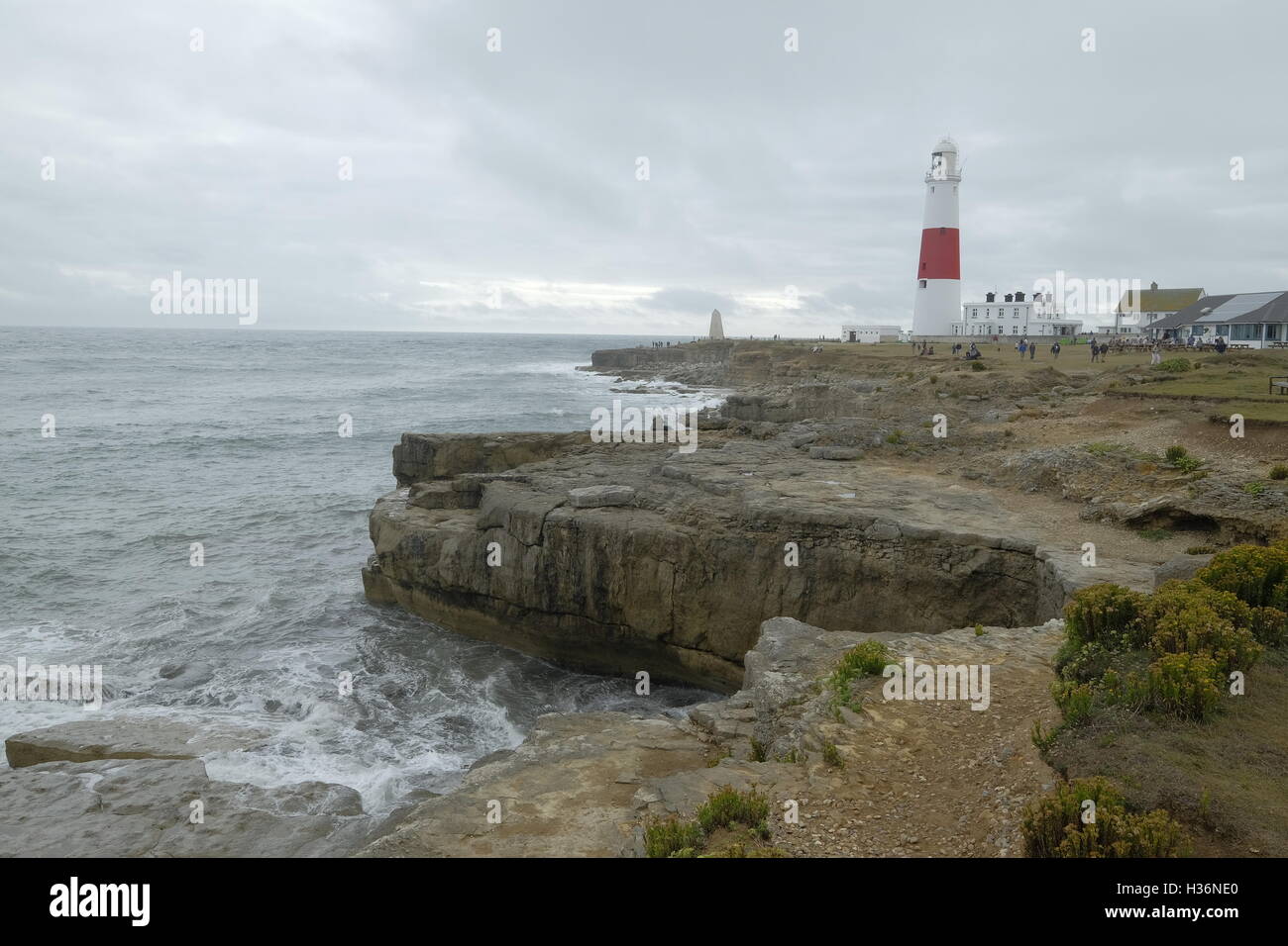 The red and white lighthouse at Portland Bill on the isle of Portland. Stock Photo